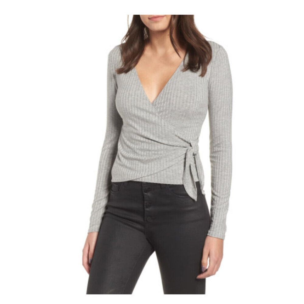 Ten Sixty Sherman Wrap Waist Ribbed Top Sweater In Heather Grey Size L